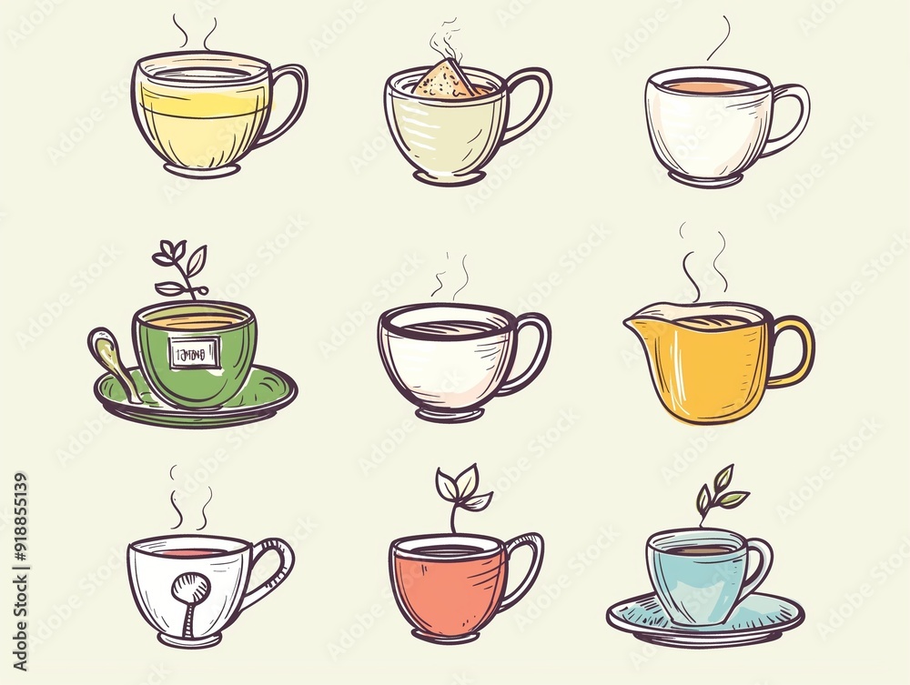 Set of various cup of tea simple illustration. AI generated Set of various cup of tea simple illustration. AI generated
