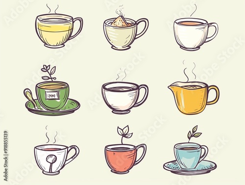 Wallpaper Mural Set of various cup of tea simple illustration. AI generated Torontodigital.ca