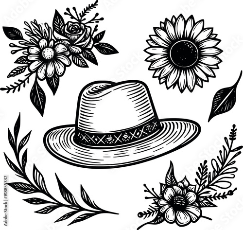 Abstract Fashion Woman summer hat with flower art drawn straw lady cap Silhouetted Black & White Stock Photos generated Ai