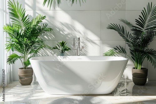 Chic white tub with green plants in bathroom Interior styling