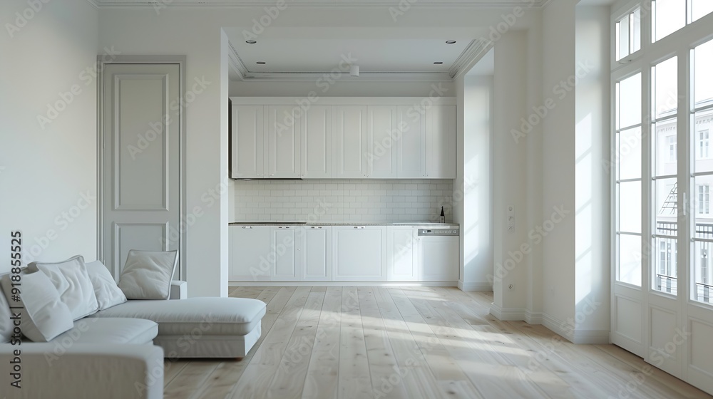 Beautiful studio apartment which has living room kitchen and same area with blank wall Home products background Backdrop Indoors Interior : Generative AI Beautiful studio apartment which has living room kitchen and same area with blank wall Home products background Backdrop Indoors Interior : Generative AI