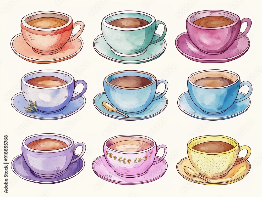 Set of various cup of tea simple illustration. AI generated Set of various cup of tea simple illustration. AI generated