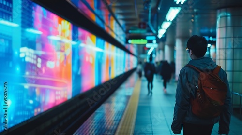 Wallpaper Mural Group of people walking in public bridged walkway in station with blurred colorful digital signage advertisement board on passage in modern city at daylight : Generative AI Torontodigital.ca