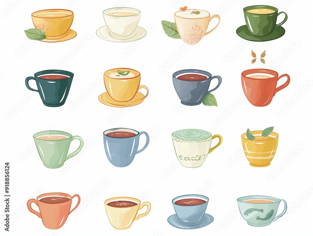 Set of various cup of tea simple illustration. AI generated Set of various cup of tea simple illustration. AI generated