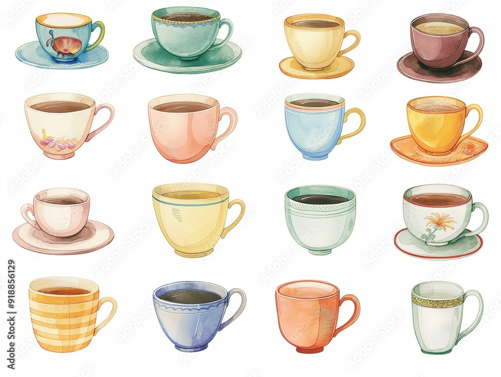 Set of various cup of tea simple illustration. AI generated Set of various cup of tea simple illustration. AI generated
