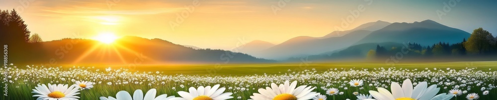 Enchanting Sunrise Panorama with White Daisies, Mountains, and Blue Sky | High Resolution Digital Art Enchanting Sunrise Panorama with White Daisies, Mountains, and Blue Sky | High Resolution Digital Art