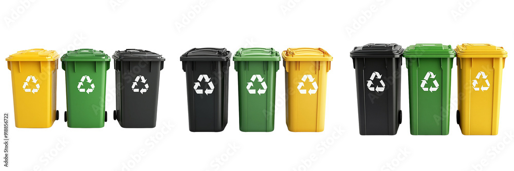 Set of Green recycling bin with a clear recycling symbol on the front isolated on transparent background Set of Green recycling bin with a clear recycling symbol on the front isolated on transparent background