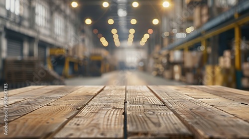 Empty wood table top with blur background of warehouse of factory The table giving copy space for placing advertising product on the table along with beautiful industrial warehouse bac : Generative AI