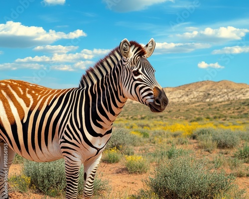 A zebra in the desert, side profile, stark contrast between stripes and sand, shot with a compact camera, 50mm lens at f/1.8, creamy bokeh, editorial style photo