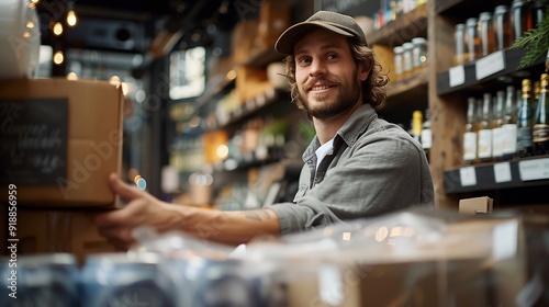 A restaurant worker eagerly receives a delivery of beverages from a supplier showcasing the moment of anticipation as the boxes are brought into the establishment : Generative AI