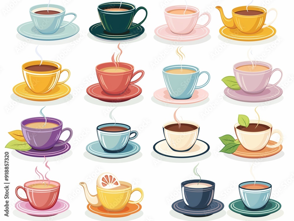 Set of various cup of tea simple illustration. AI generated Set of various cup of tea simple illustration. AI generated