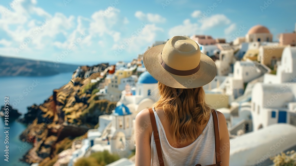 Fototapeta premium A woman with sunhat looks at the beautiful village of Oia Santorini island Greece during summer travel time : Generative AI