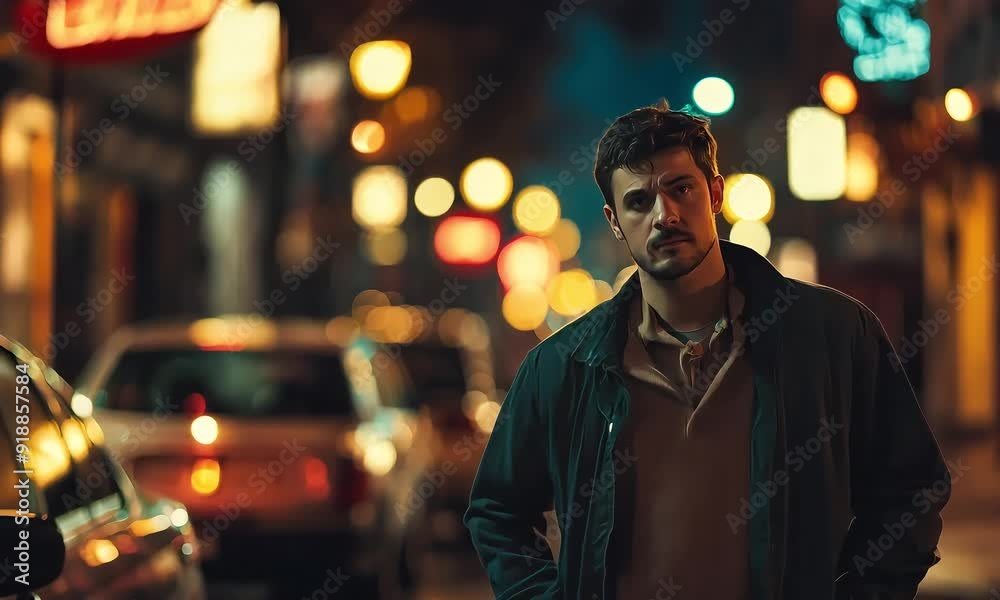 Pensive Man Walking in Nighttime Urban Street with ai generated.
Pensive Man Walking in Nighttime Urban Street with ai generated.