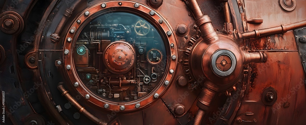 Detailed and Intricate Steampunk Mechanical Aesthetic with Clockwork Mechanisms Copper Gears Brass Accents and Riveted Details in a Steam Powered Industrial Ambiance with a Retrofuturistic Style Detailed and Intricate Steampunk Mechanical Aesthetic with Clockwork Mechanisms Copper Gears Brass Accents and Riveted Details in a Steam Powered Industrial Ambiance with a Retrofuturistic Style
