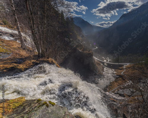 Skjervefossen Waterfall in Spring Landscape photo