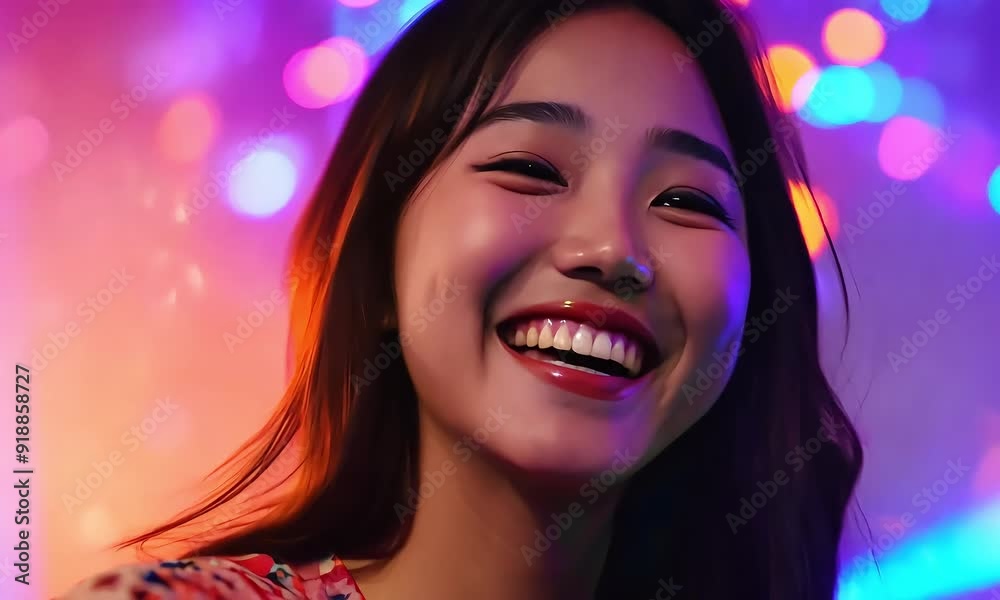 Joyful woman smiling in vibrant party lights with ai generated.
