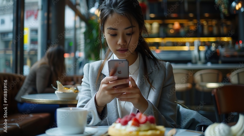 Delicious desert in front of a busy business woman looking at her phone : Generative AI Delicious desert in front of a busy business woman looking at her phone : Generative AI