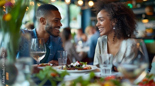 Two diverse colleagues enjoying a casual business lunch at a vibrant restaurant sharing a moment of camaraderie over a delicious meal : Generative AI