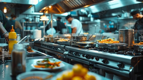 Restaurant kitchen without people There is no one in kitchen of cafe Concept  work in restaurant has been stopped Small restaurant kitchen with chrome equipment Dishes and products on  : Generative AI