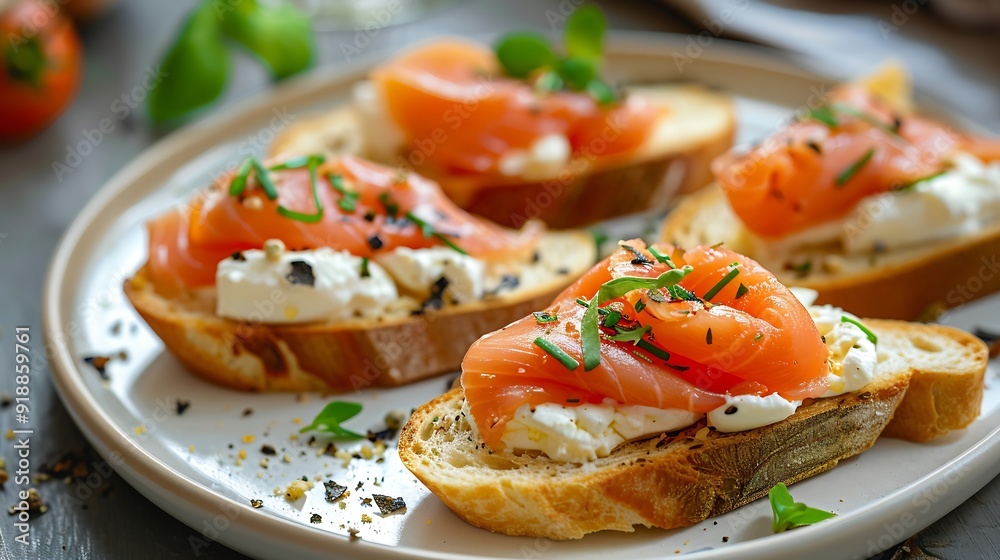 Bruschetta with smoked trout slices and cream cheese on baguette on white plate Top view : Generative AI Bruschetta with smoked trout slices and cream cheese on baguette on white plate Top view : Generative AI