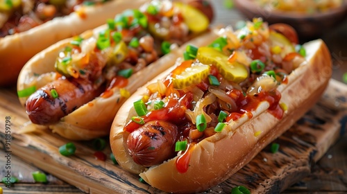 Gourmet grilled pork hots dogs with sauerkraut pickles and green onions Top view : Generative AI