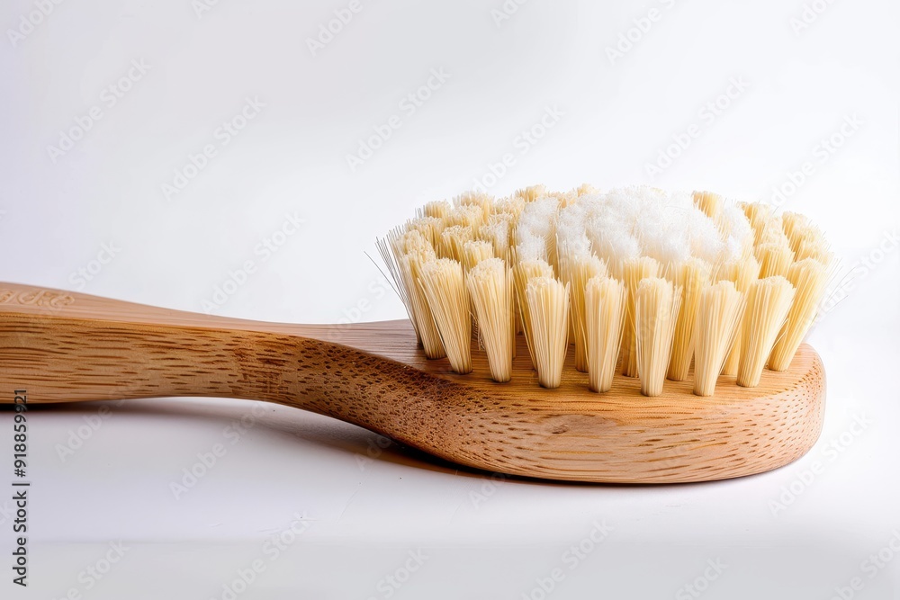 High quality photo of bamboo wood dish brush with natural bristles suitable for kitchen cleaning White background High quality photo of bamboo wood dish brush with natural bristles suitable for kitchen cleaning White background