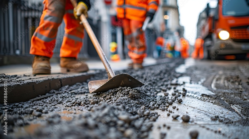 Naklejka premium Groundworkers in hiviz using shovel leveling concrete kerbs on construction site : Generative AI