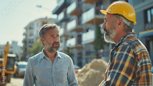 Caucasian Male Real Estate Investor And Civil Engineer Talking On Construction Site Of Apartment Block Colleagues Discussing Building Progress Excavator Loading Sand In Industrial Truc : Generative AI