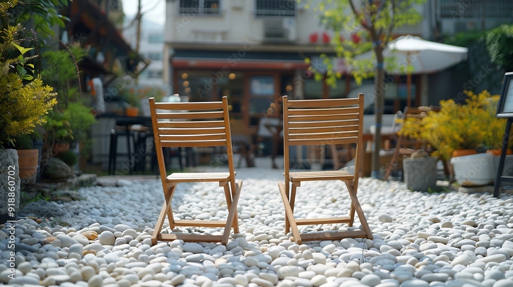 The couple picnic chair on the white pebble floor in front of the small coffee shop front view with the copy space : Generative AI The couple picnic chair on the white pebble floor in front of the small coffee shop front view with the copy space : Generative AI