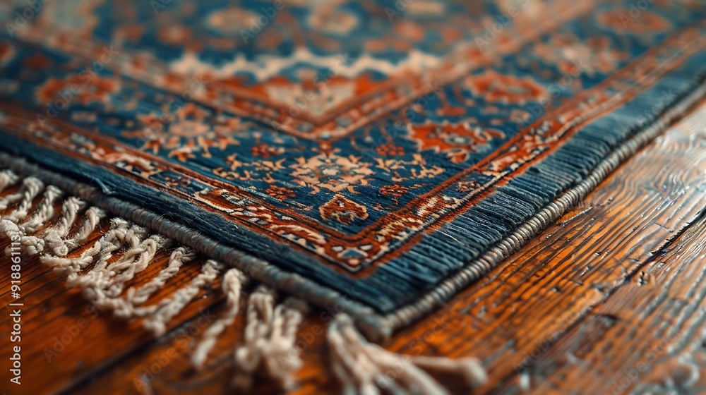 decorative persian rug with cotton fringe on laminated wood flooring : Generative AI decorative persian rug with cotton fringe on laminated wood flooring : Generative AI
