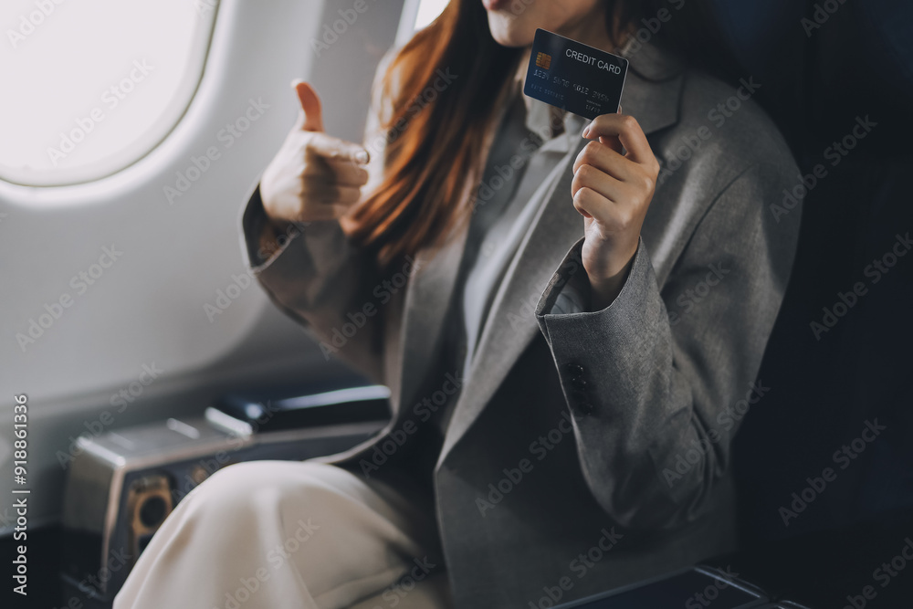 Fototapeta premium Young businesswoman holding credit card near blurred devices in private plane
