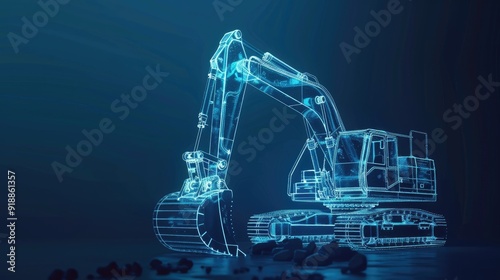 Fototapeta Naklejka Na Ścianę i Meble -  Hologram of a excavator on the dark blue background.