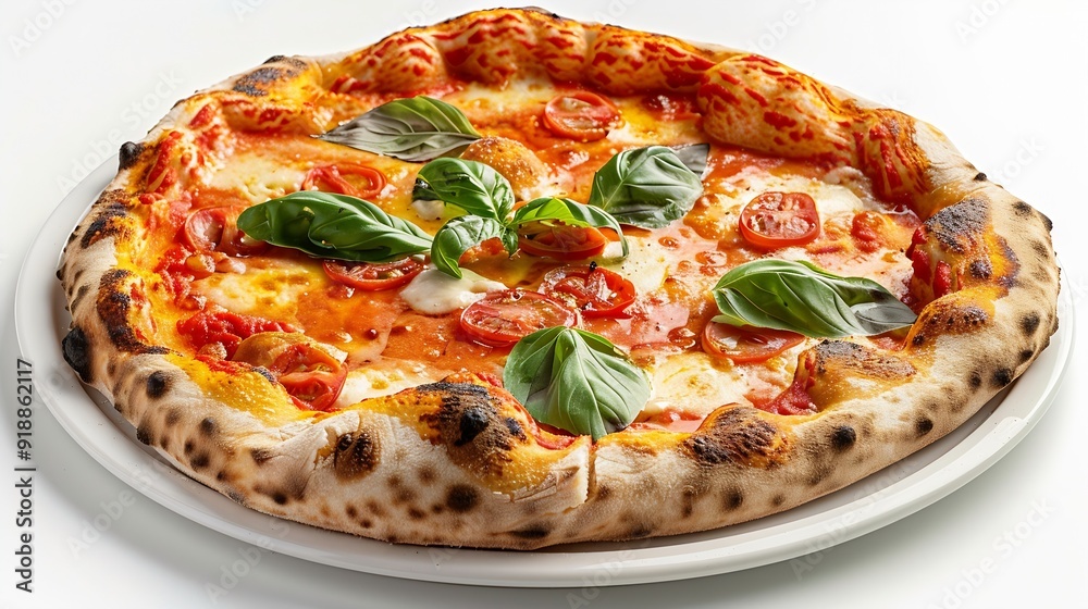 Neapolitan pizza Margarita with tomato sauce mozzarella and basil cooked in the stone oven on a white background : Generative AI Neapolitan pizza Margarita with tomato sauce mozzarella and basil cooked in the stone oven on a white background : Generative AI