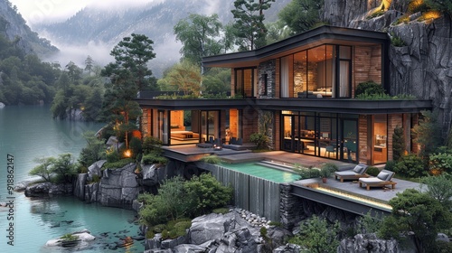 modern cabin in the mountains, modern architecture with wood and glass windows