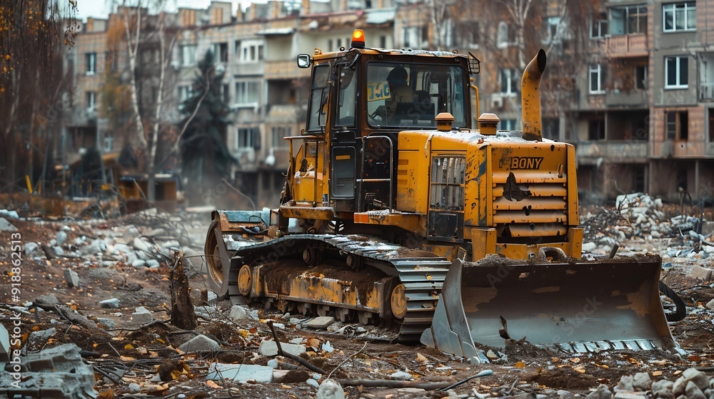 Bulldozer and construction machinery destroys illegal buildings in the park Destroy of an illegally built old building in nature : Generative AI Bulldozer and construction machinery destroys illegal buildings in the park Destroy of an illegally built old building in nature : Generative AI
