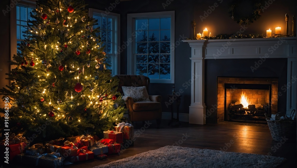 Christmas Tree with Decorations Near a Fireplace with Lights Christmas Tree with Decorations Near a Fireplace with Lights