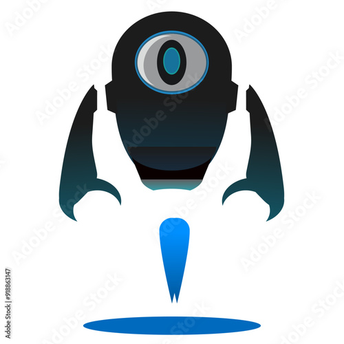 flying one-eyed robot vector design with blue fire rocket