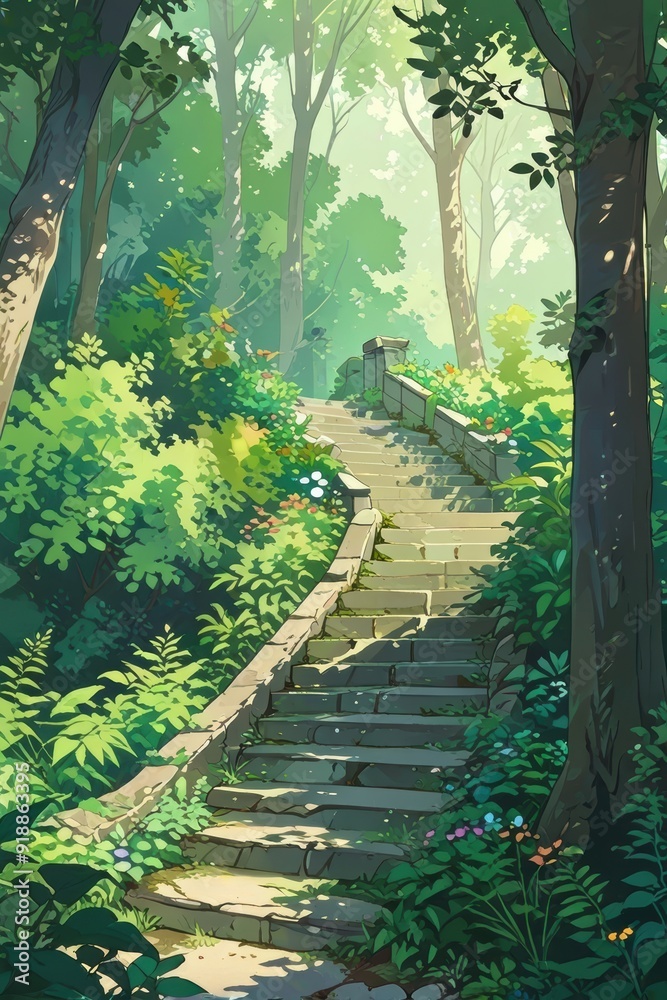 Fototapeta premium Sunlit Stone Staircase in a Lush Forest Setting. The image evokes a peaceful, natural atmosphere. Anime art style