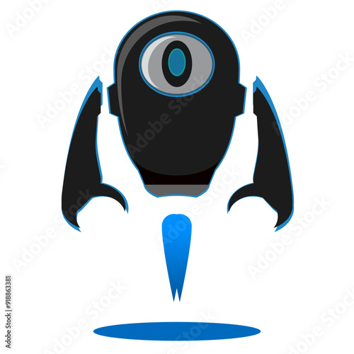 flying one-eyed robot vector design with blue fire rocket