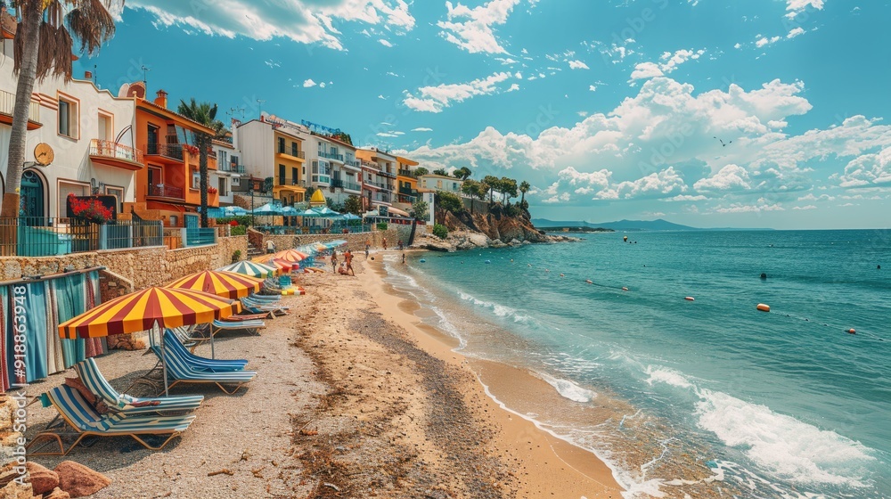 Obraz premium Brightly colored umbrellas are arranged on a sandy beach against the backdrop of clear turquoise water and rocky outcrops. A picturesque and inviting seaside scene.