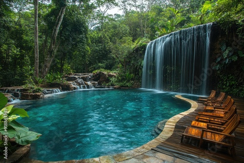 Tranquil swimming pool with wooden lounge chairs placed beside it, set against a picturesque waterfall surrounded by lush greenery in the forest. photo