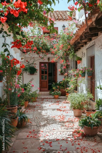 Beautiful courtyard with potted plants and flowers.
