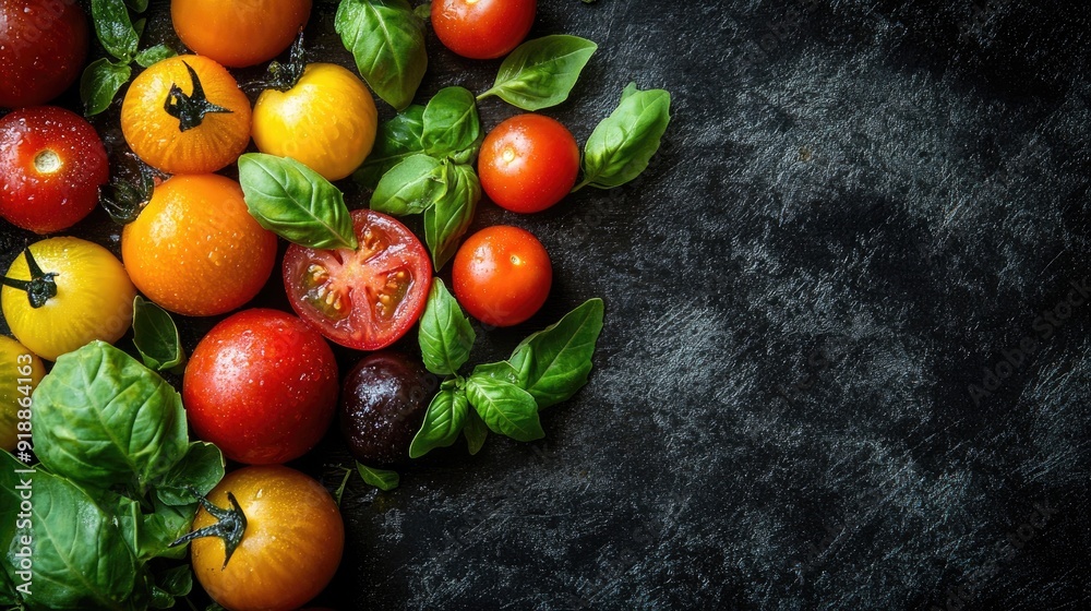 Fresh colorful tomatoes and basil on wooden surface Fresh colorful tomatoes and basil on wooden surface