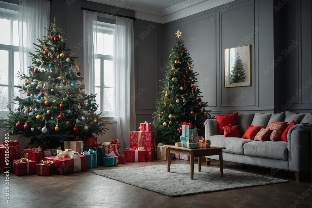 Christmas tree with gifts in the bright living room Christmas tree with gifts in the bright living room