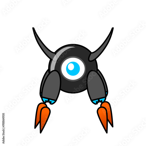 vector design of round, horned, one-eyed robot flying on a rocket