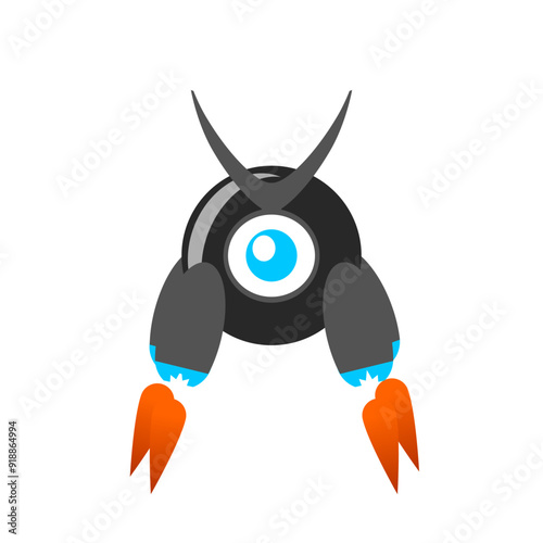 vector design of round, horned, one-eyed robot flying on a rocket