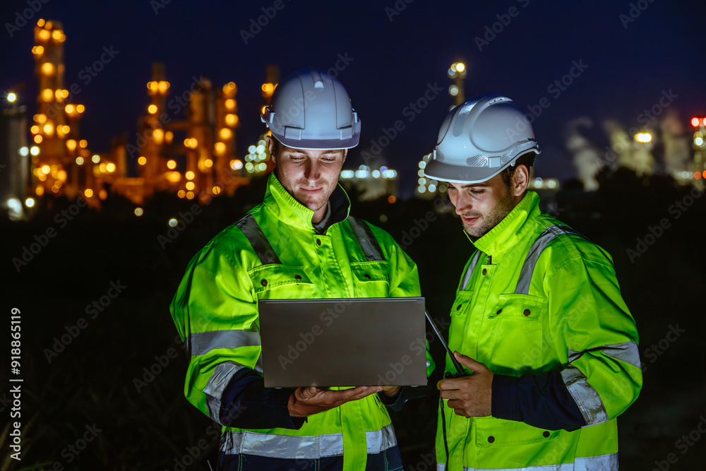 Night shift engineer oil and gas refinery service team worker hard work in petroleum industry plant light blur background. Night shift engineer oil and gas refinery service team worker hard work in petroleum industry plant light blur background.
