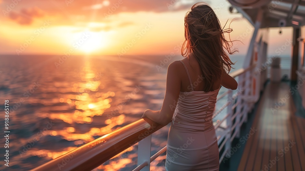 Fototapeta premium Fashionable woman standing on the empty deck of a cruise liner against the backdrop of the setting sun Closeup outdoor Vacation and travel concept : Generative AI