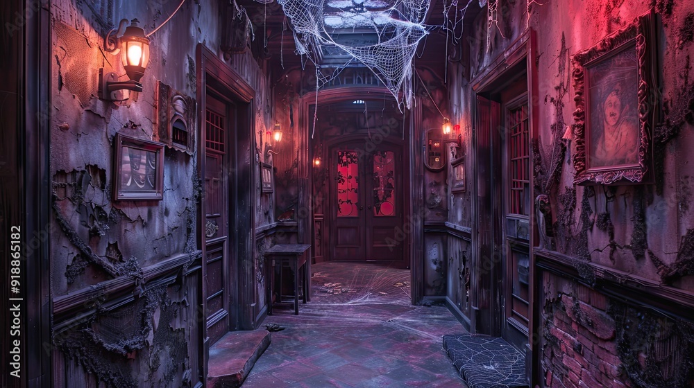 Fototapeta premium Retro haunted house attraction with eerie animatronics and cobweb-covered corridors for daring visitors.