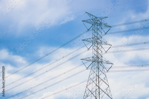 high voltage electric transmission tower, power transmit supply from power plant to urban city by electricity pylon.